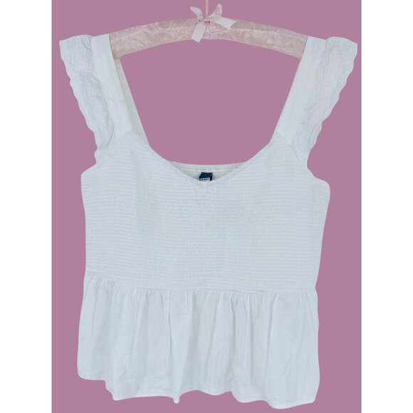 Old Navy Tops - Old Navy White Ruffled Smocked Cottagcore Croquette Sleeveless Cotton Blend Top